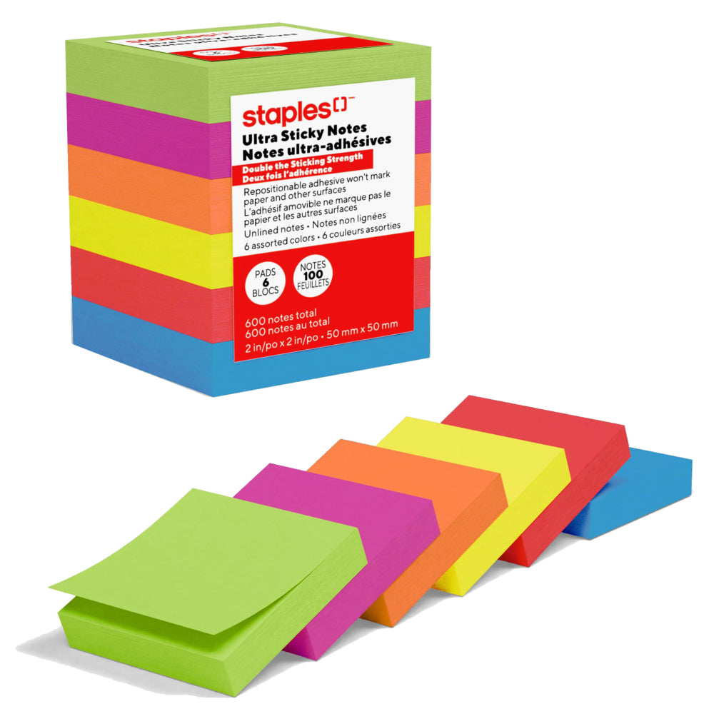 Bloc-notes adhésifs Staples Ultra Sticky Notes - 5 x 5 cm - Collection Brise d'été - Paquet de 6