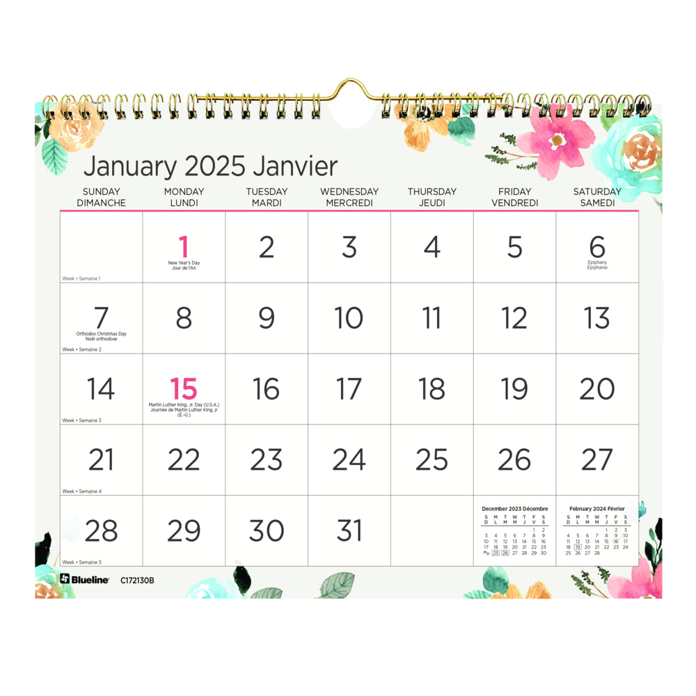 Blueline 2025 Spring Monthly Wall Calendar - 8" x 11" - Bilingual