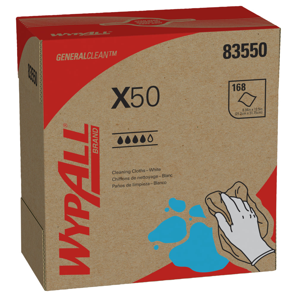 WypAll General Clean X50 Cleaning Cloths - Pop-Up Box - White - 10 Boxes/Case - 168 Sheets/Box