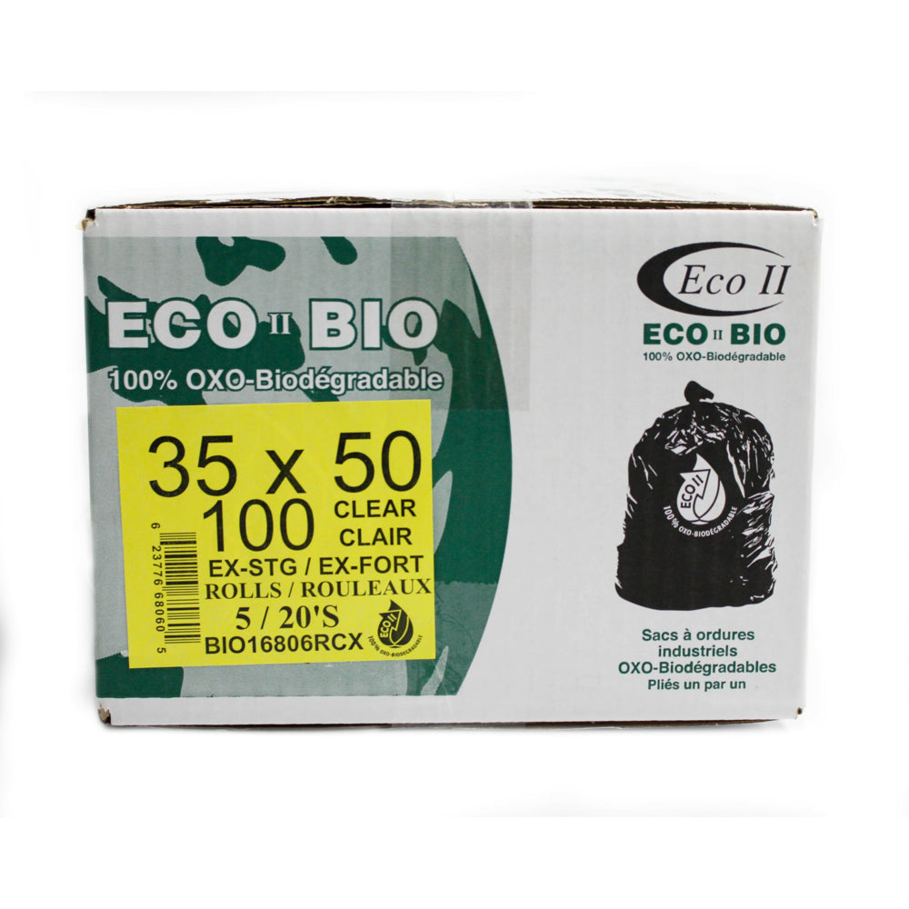 Eco II Oxo-Biodegradable Garbage Bags - 35" x 50" - Extra Strong - Clear Tint - 20/Roll - 100 Pack