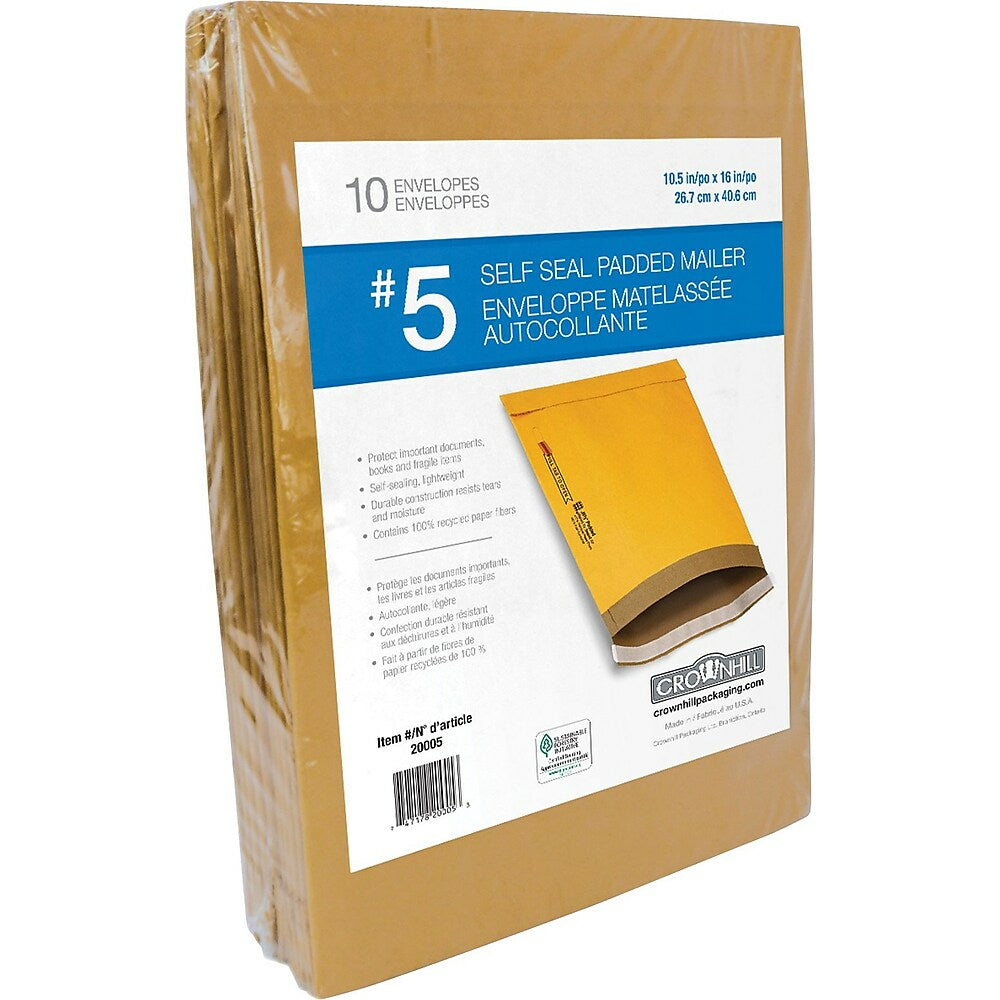 Enveloppes d'expédition matelassées auto-adhésives Crownhill Kraft, n° 5, 10,5" x 16", paquet de 10