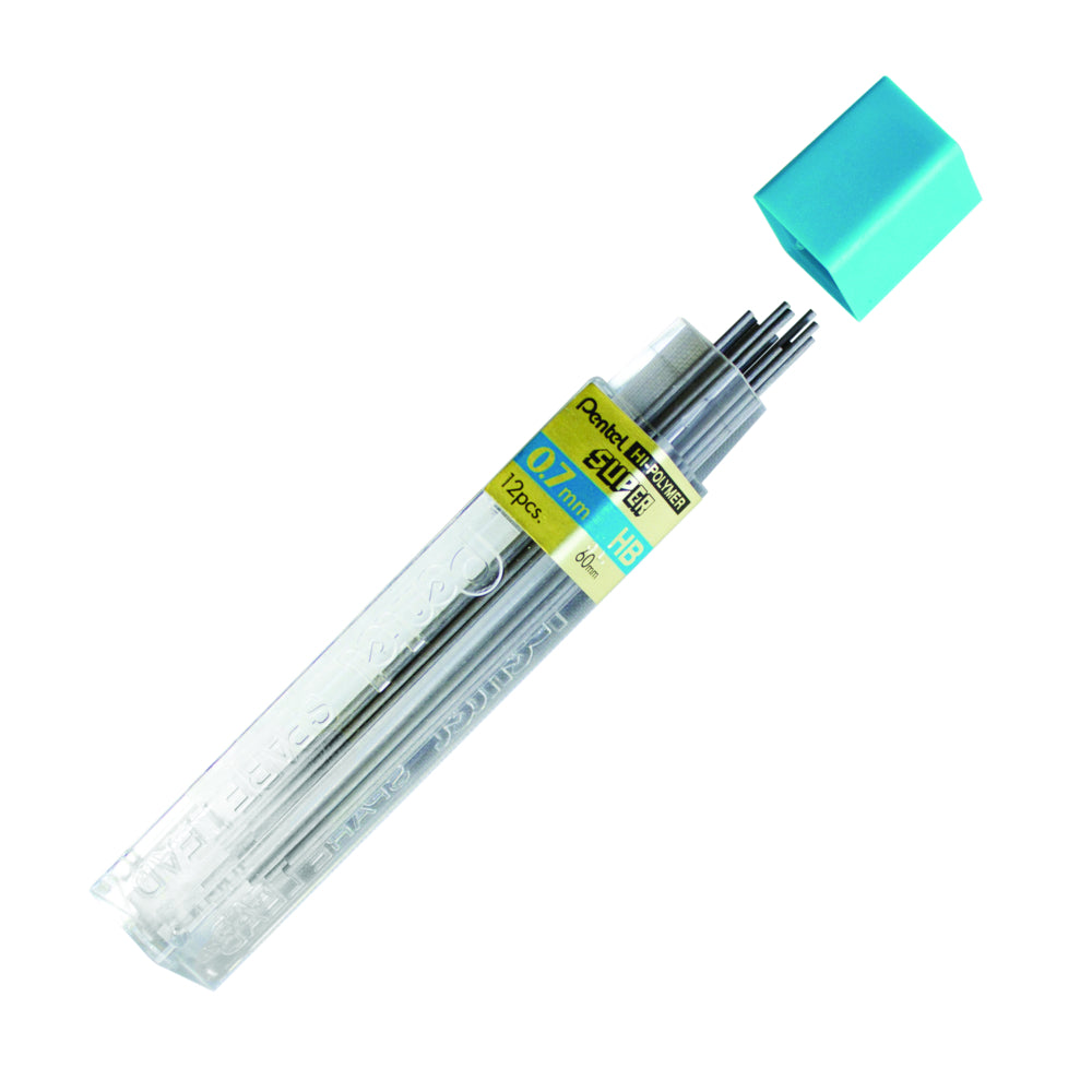 Recharges de mine HB pour portemine Pentel Super Hi-Polymer – 0,7 mm – 12 recharges/tube – Lot de 12