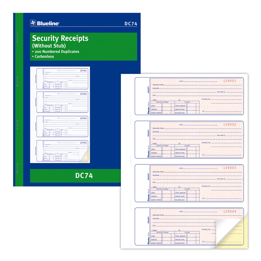 Blueline DC74 Carnet de reçus de sécurité en anglais - 200 exemplaires