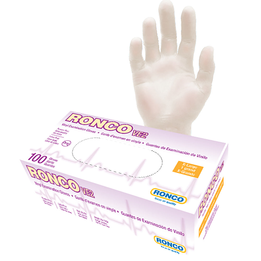 Gants en vinyle multi-usages Ronco VE2 - Transparents - Taille XL - Paquet de 100