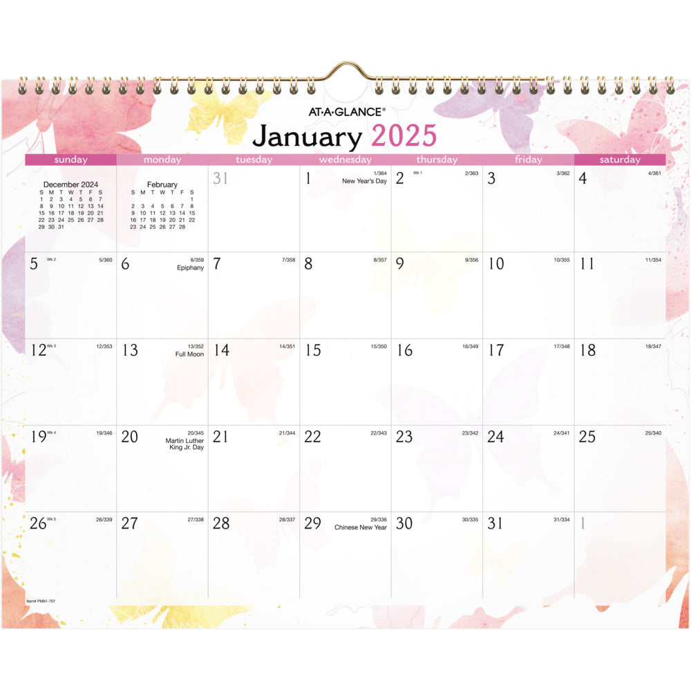 Calendrier mural aquarelles 2025 - 29,7 cm (H) x 37,7 cm (L) - Anglais