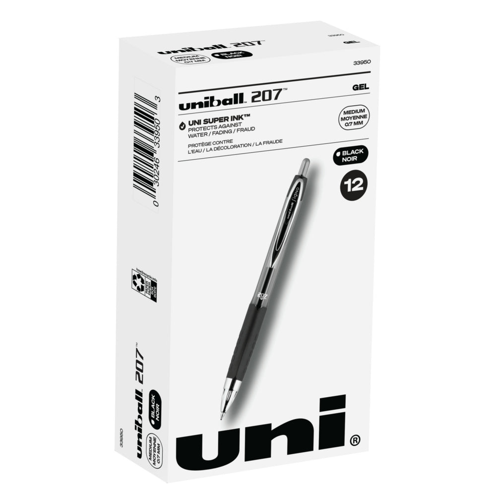 uni-ball 207 Retractable Gel Pens - Medium Point (0.7mm) - Black - 12 Pack