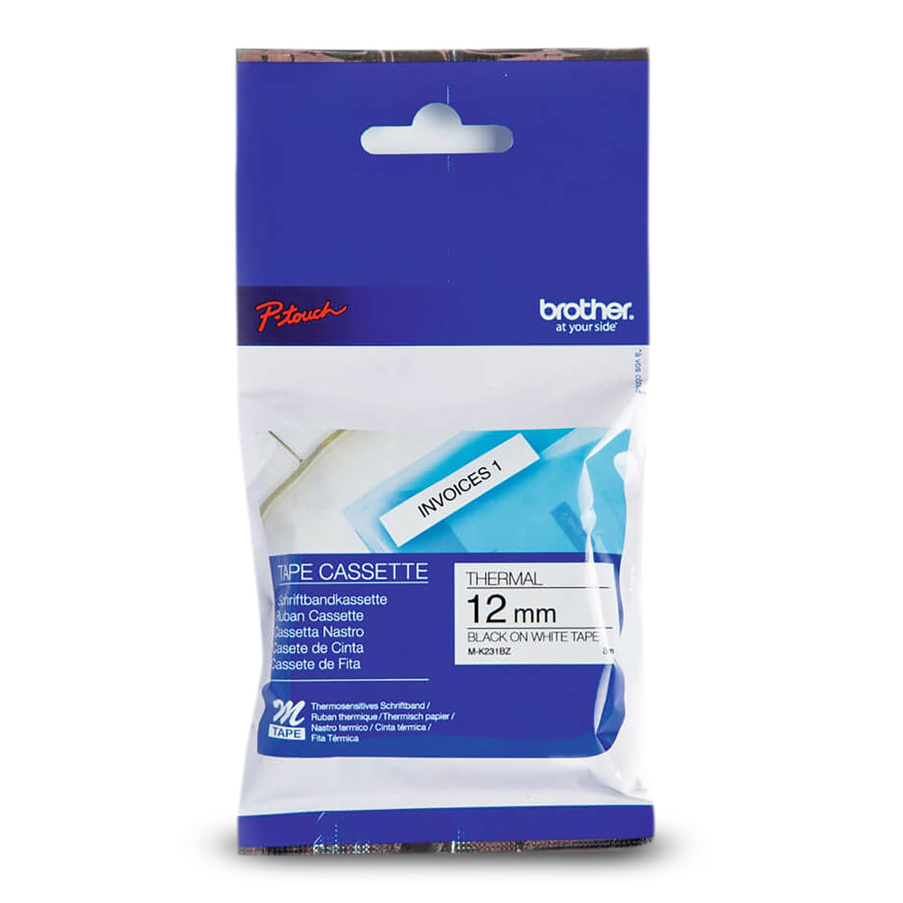 Brother Genuine MK231 Black on White Non-Laminated Tape for P-touch Label Makers, 12 mm wide x 8 m long