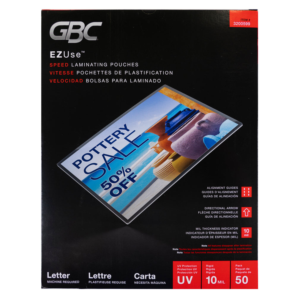 Pochettes de plastification thermique GBC EZUse - Format lettre - Pochette rapide - 10 mil - 9" x 11,5" - Paquet de 50