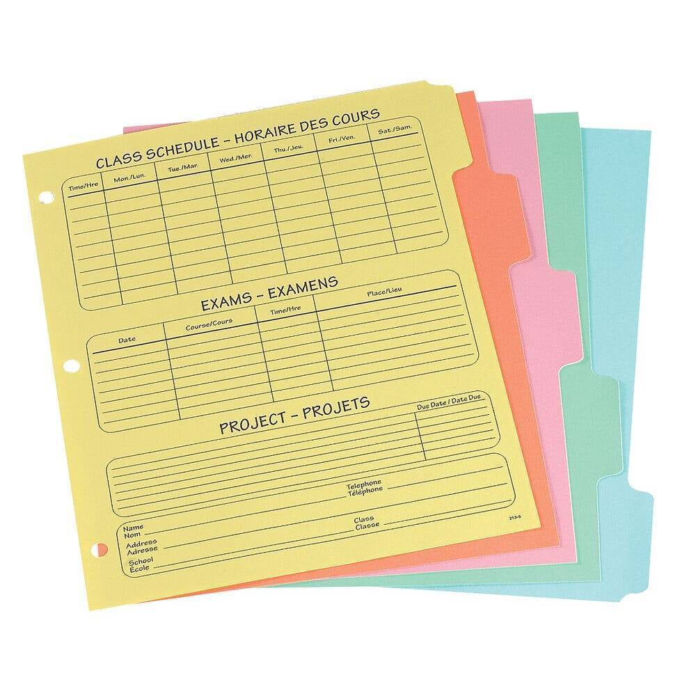 Intercalaires Oxford avec emploi du temps - 5 onglets - Format lettre - Couleurs assorties