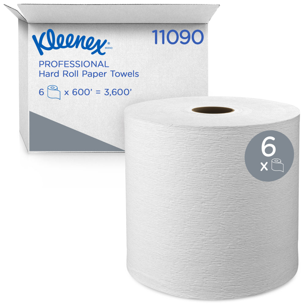 Essuie-tout Kleenex en rouleau rigide – Noyau de 1,5 po – avec poches absorbantes de qualité supérieure – Blanc – Paquet de 6