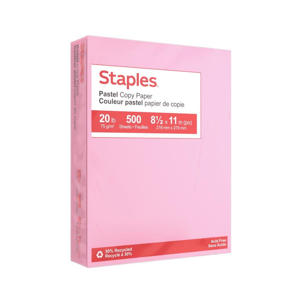Papier photocopie Staples 30 % recyclé couleur pastel - Format lettre - 8-1/2" x 11" - Rose - 500 feuilles