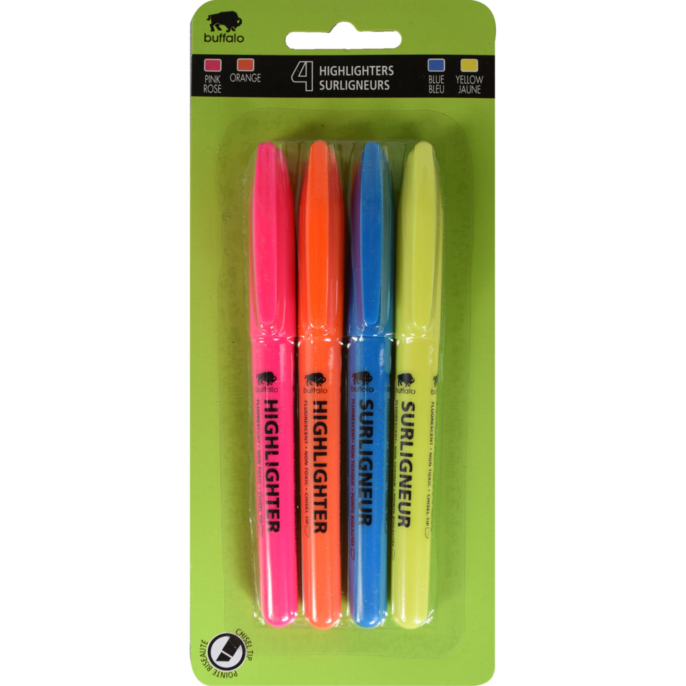 Buffalo Highlighters - Fine Tip - Assorted Colours - 4 Pack