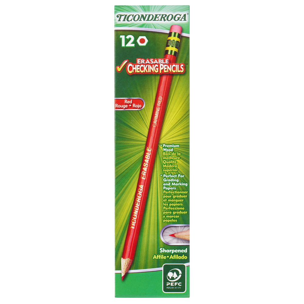 Ticonderoga Erasable Checking Wood-Cased Pencils - Pre-Sharpened - Red - 12 Pack