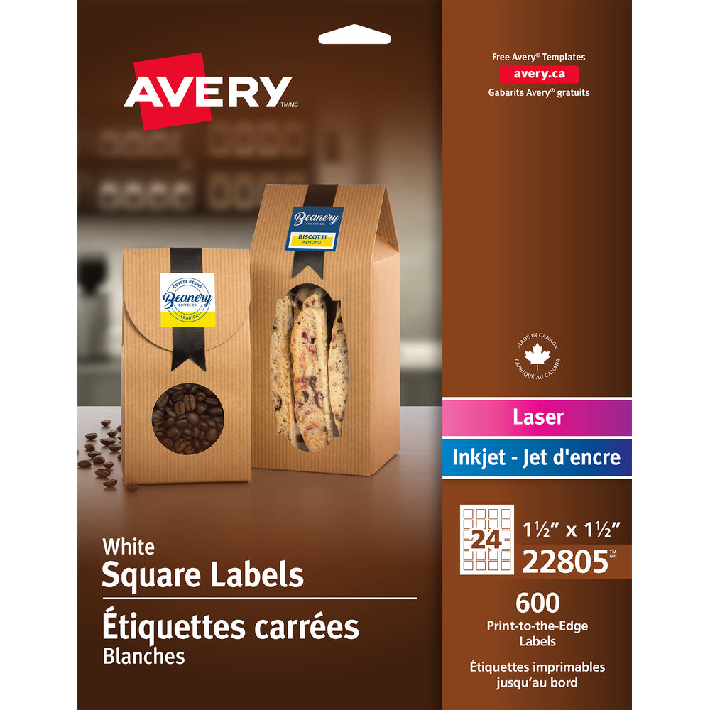 Étiquettes carrées blanches Avery, impression permanente jusqu'au bord, 3,8 cm x 3,8 cm, paquet de 600 (22805)
