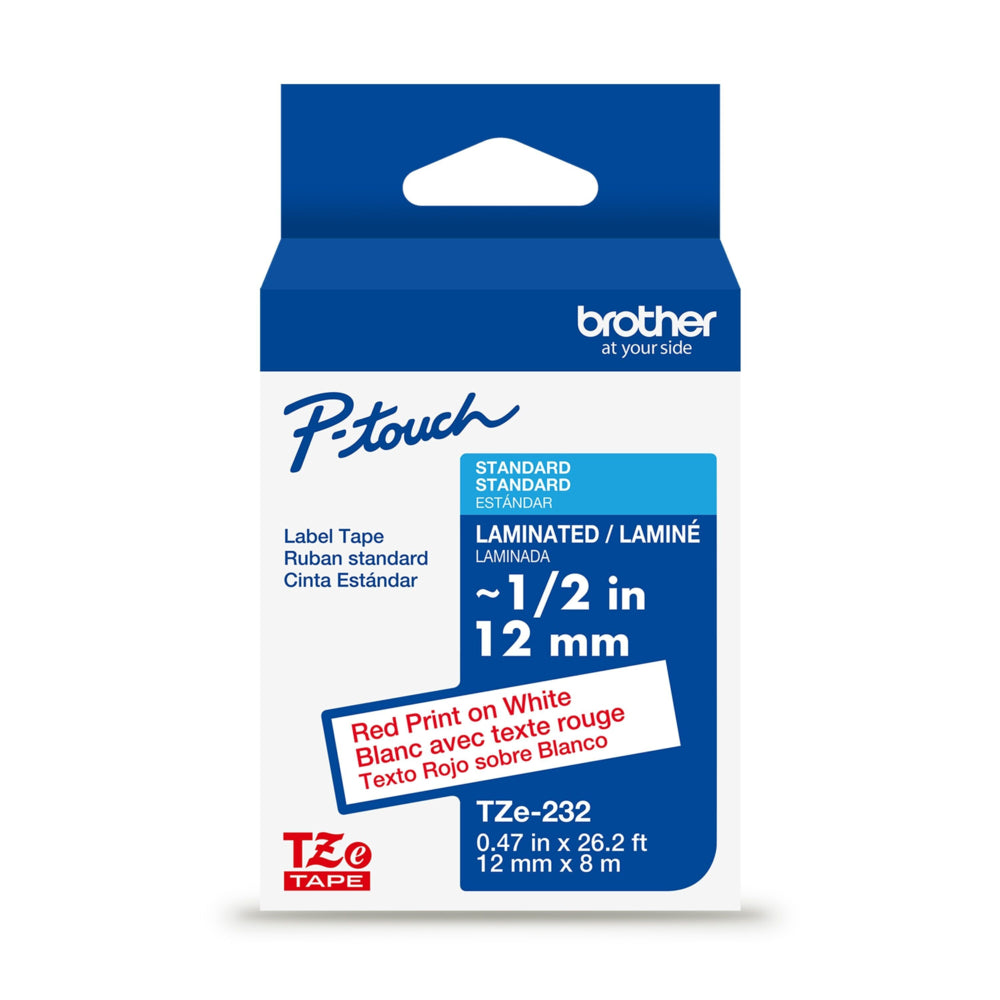 Ruban laminé Brother pour étiqueteuse P-touch - 12 mm - Impression rouge sur étiquette blanche