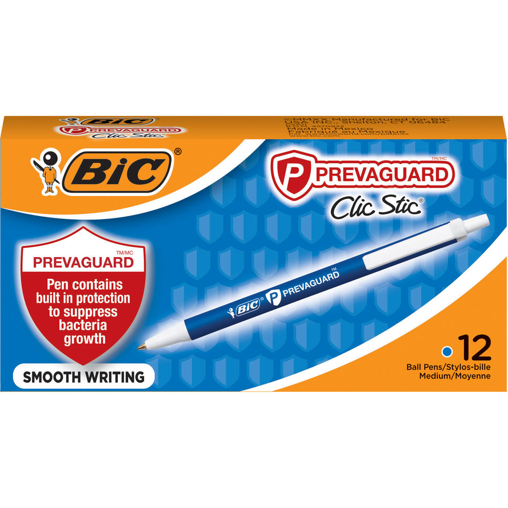 Stylo bille BIC PrevaGuard Clic Stic - Protection intégrée contre la prolifération bactérienne - Pointe moyenne (1,0 mm) - Lot de 12