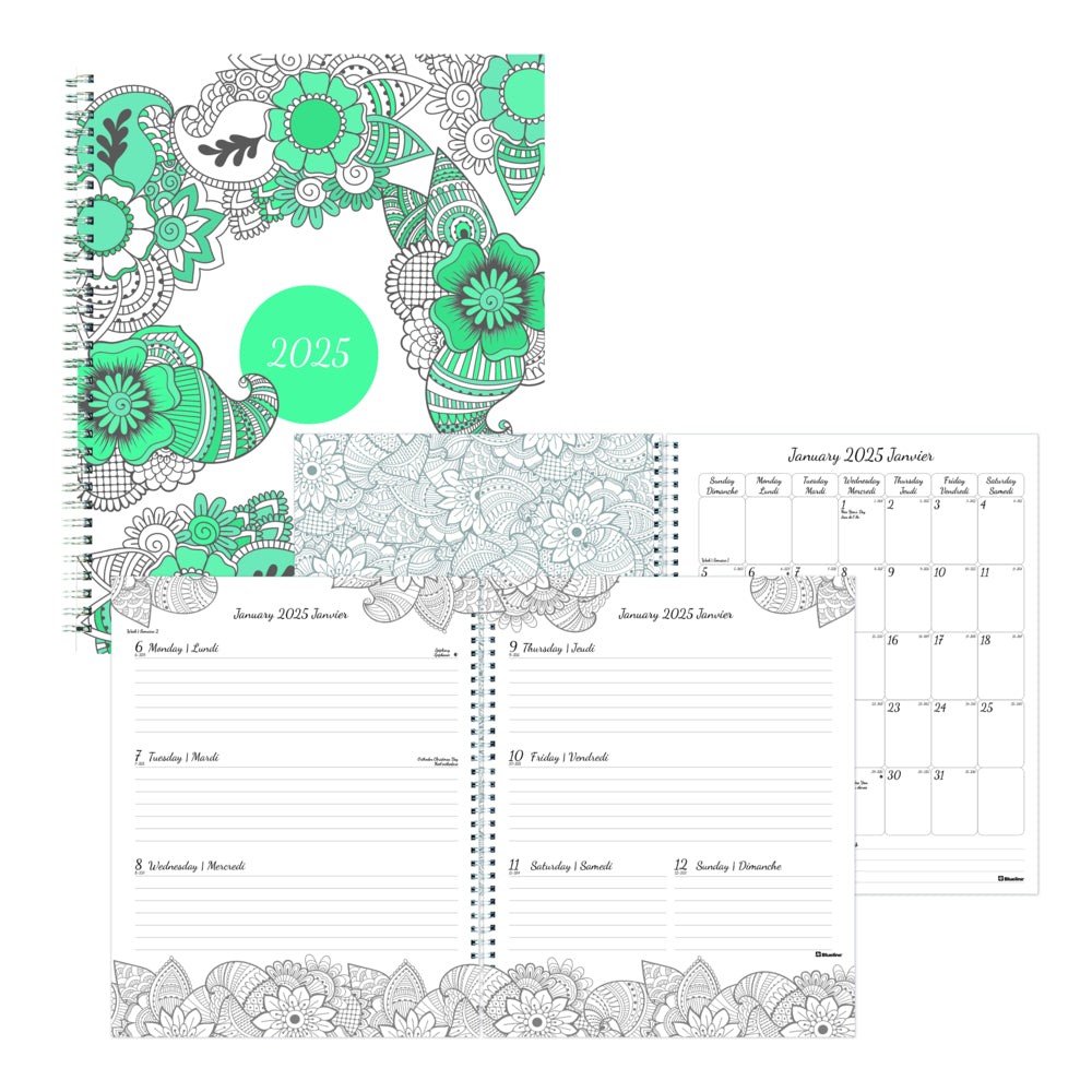 Blueline 2025 DoodlePlan Colouring Weekly/Monthly Colouring Planner - 11" x 8-1/2" - Botanica Design - Bilingual