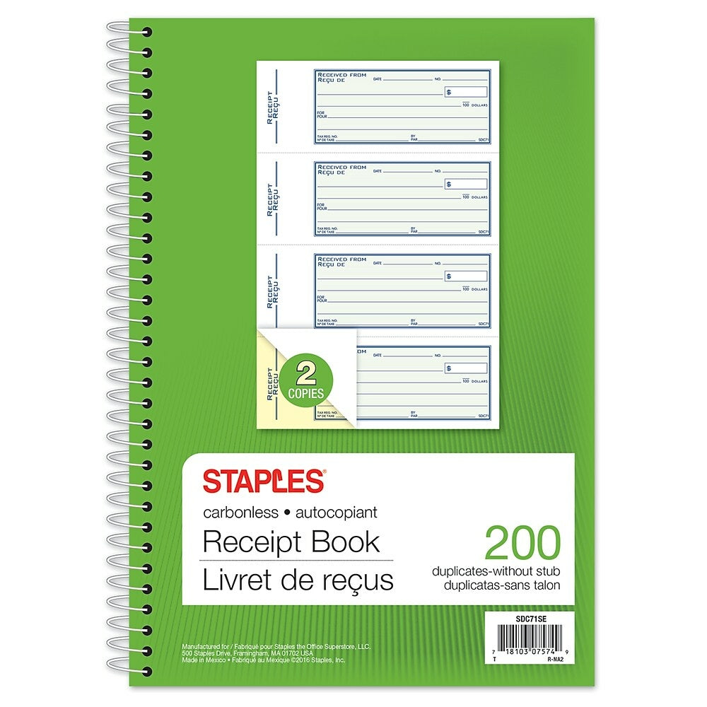 Staples Bilingual Receipt Book - Duplicates - Carbonless - Spiral Bound - 7" x 10" - 200 Pages - 4 Receipts Per Page