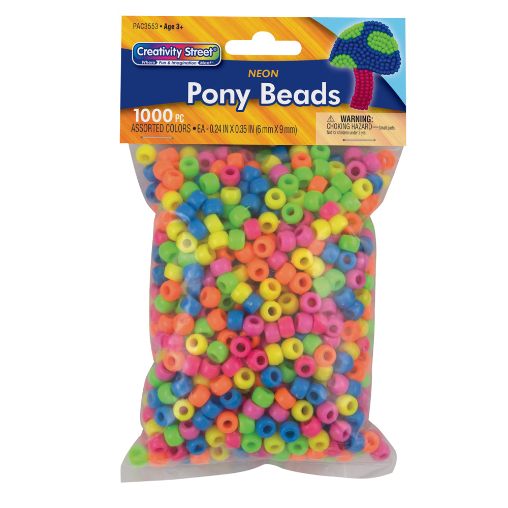 Creativity Street Pony Beads, Assorted Neon, 6 mm x 9 mm, 1000/pkg