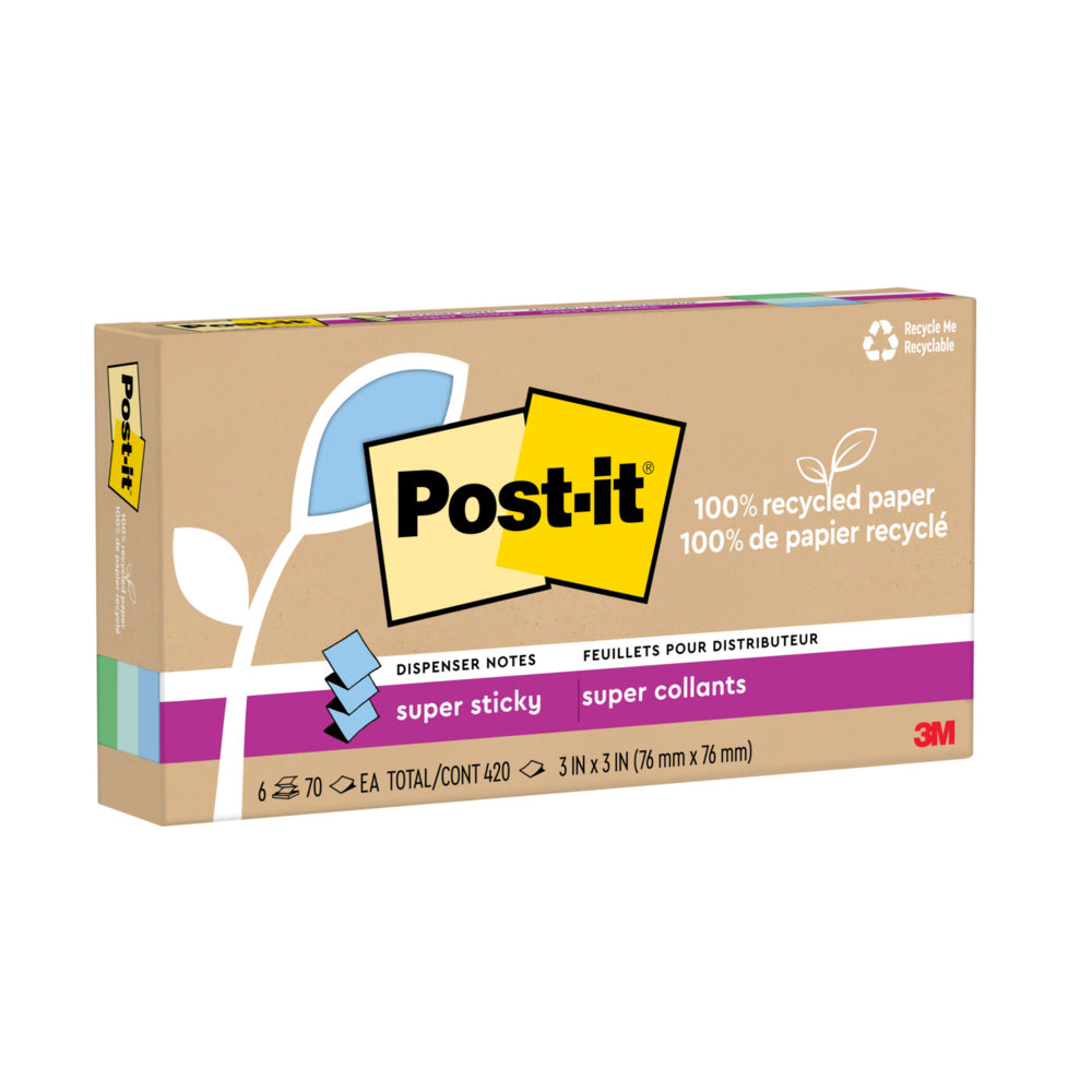 Notes distributrices super adhésives Post-it 100 % recyclées - 7,6 x 7,6 cm - Collection Oasis - 420 feuilles - Paquet de 6