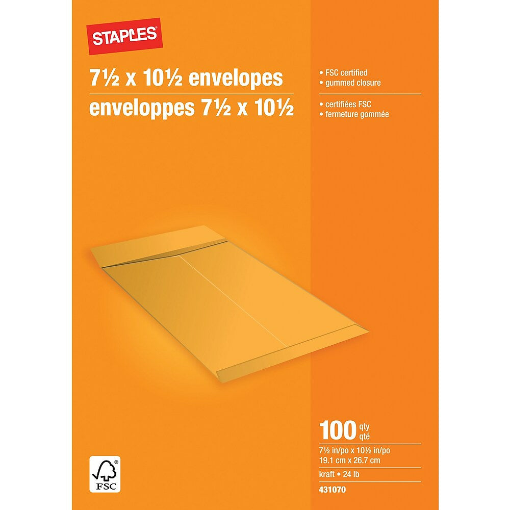Enveloppes pour catalogue Staples en papier kraft gommé - 7-1/2" x 10-1/2" - Paquet de 100