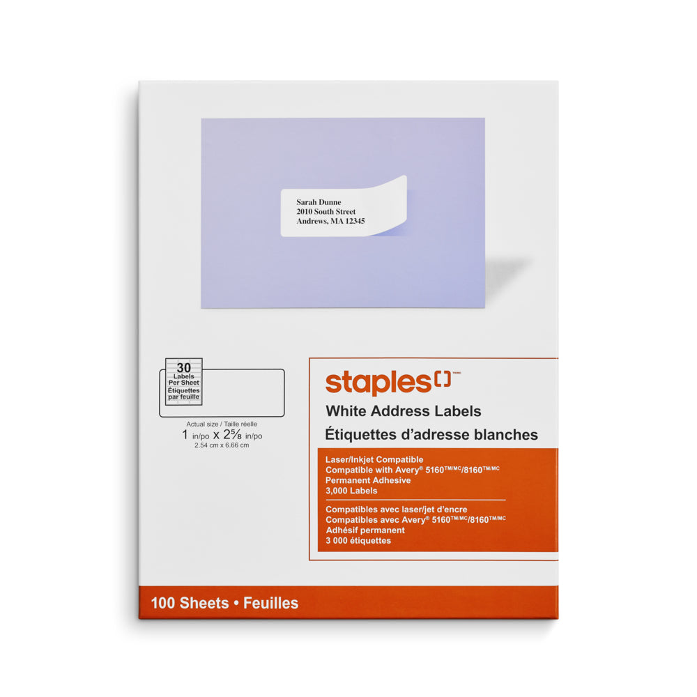 Staples White Mailing Labels for Inkjet/Laser Printers - 1" x 2-5/8"- 3000 Pack