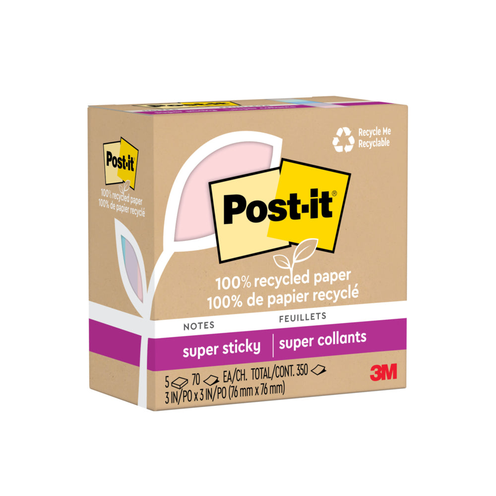 Notes super adhésives Post-it 100 % recyclées - 7,6 x 7,6 cm - Collection Wanderlust Pastels - 370 feuilles - Paquet de 5