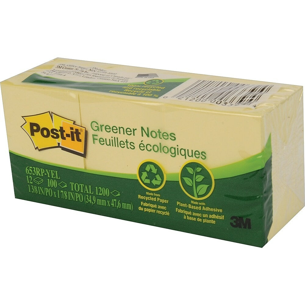 Post-it Recycled Greener Notes, Canary Yellow, 1-1/2'' x 2'', 12 pads/pack