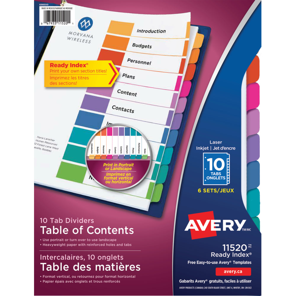 Avery Ready Index Plain Unprinted Tab Dividers, Multi Coloured, Letter Size, 10 Tabs/Set, 6 Pack