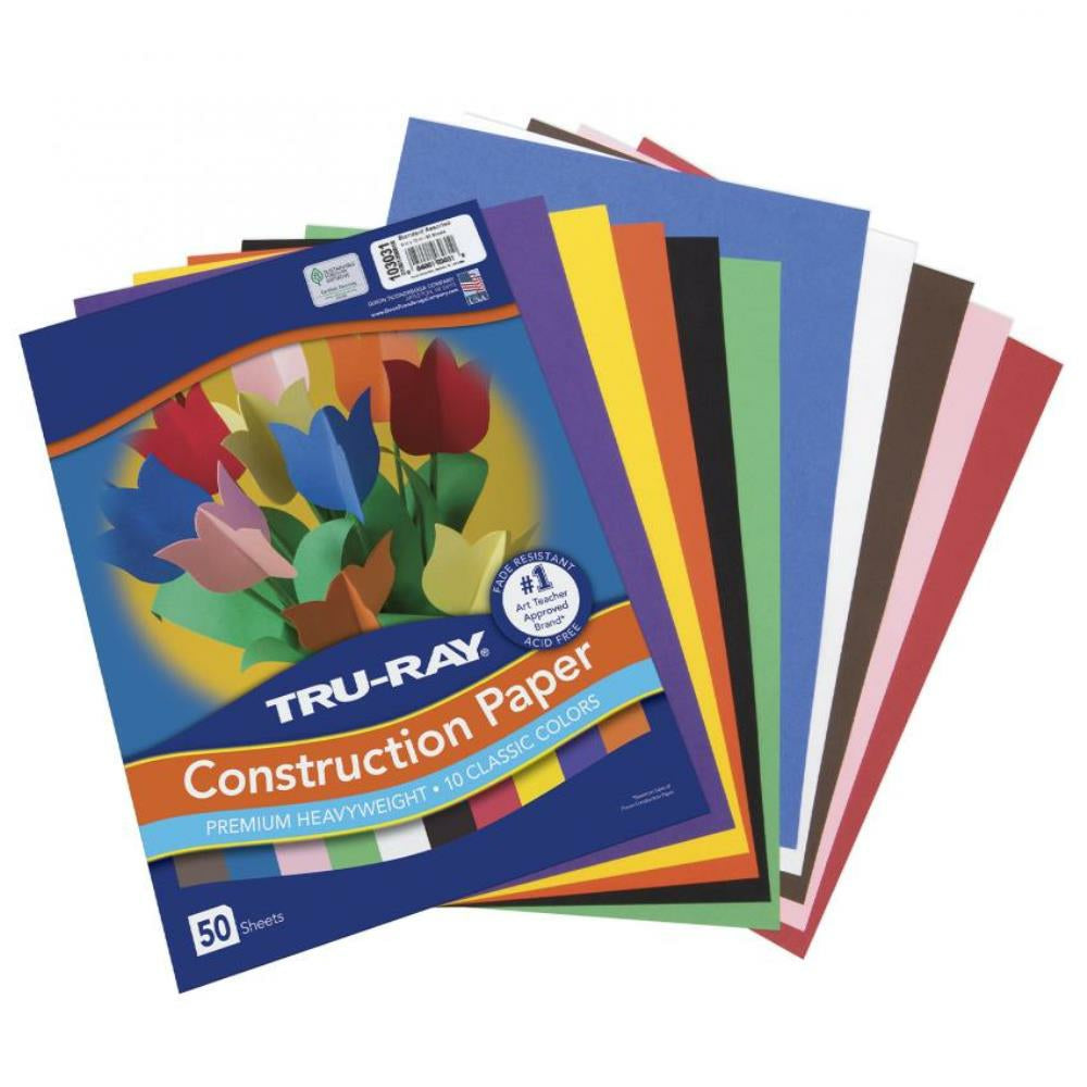 Papier de construction Tru-Ray, 10 couleurs classiques, 9" x 12", 50 feuilles/paquet.