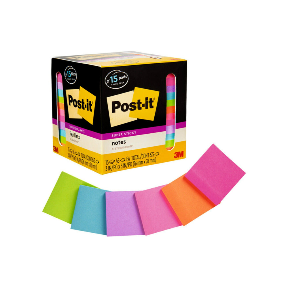 Post-it Super Sticky Notes - 3" x 3" - Assorted Bright Colours - 15 Pack