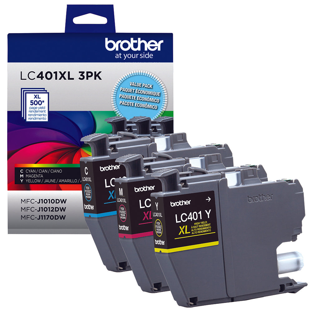 Cartouches d'encre couleur Brother LC401XL authentiques, 3 packs, haute capacité