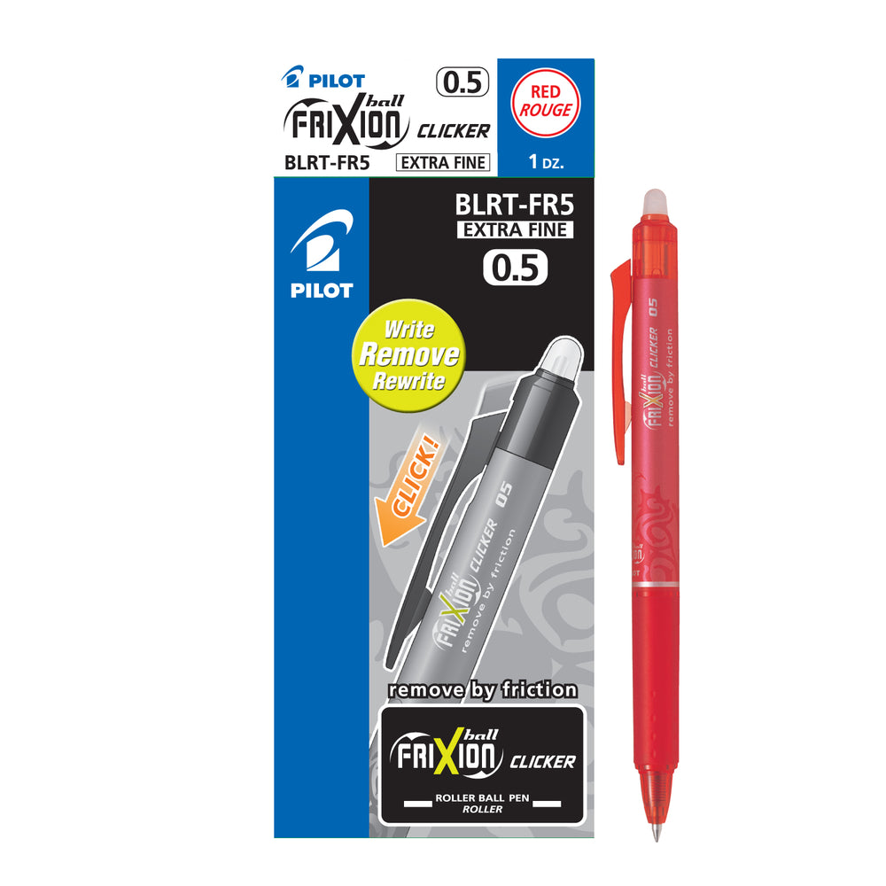 Stylos à encre gel effaçables Pilot Frixion Clicker, pointe roller, rétractables, rechargeables, 0,5 mm, rouge, lot de 12 (BLRT-FR5-RD)