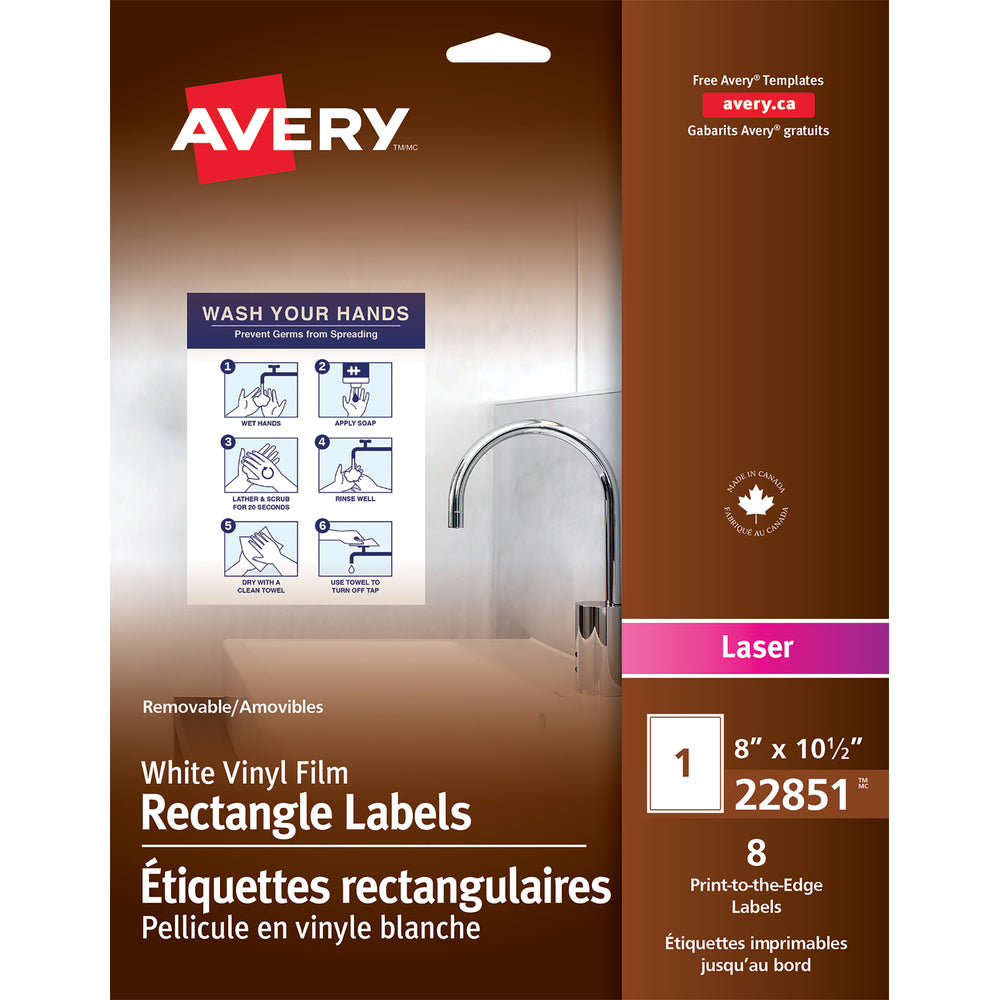 Étiquettes rectangulaires amovibles en vinyle Avery - 20,3 cm x 26,7 cm - Blanc - 8 étiquettes
