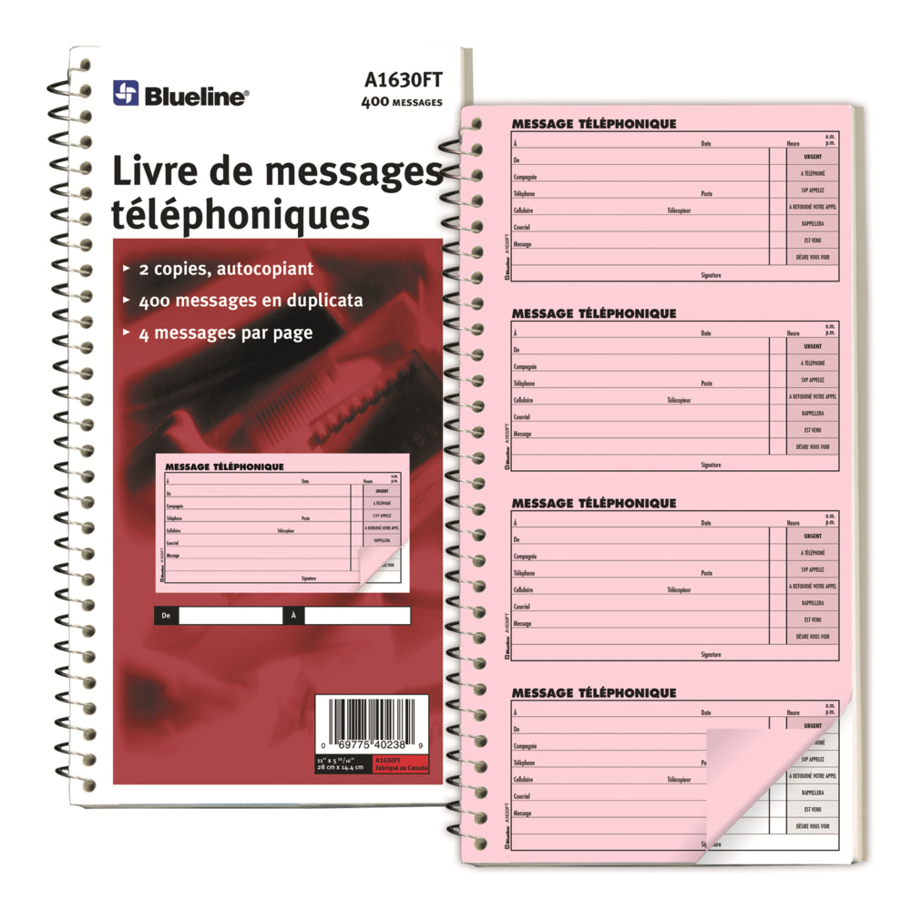 Carnet de messages téléphoniques Blueline - 10-3/4" x 5-3/4" - Français