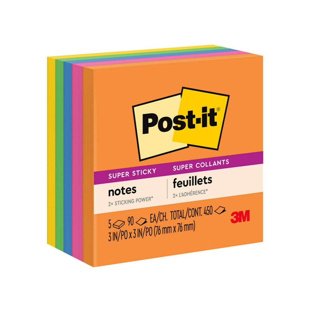 Notes super adhésives Post-it - 3" x 3" - Collection Energy Boost - 450 feuilles - Paquet de 5