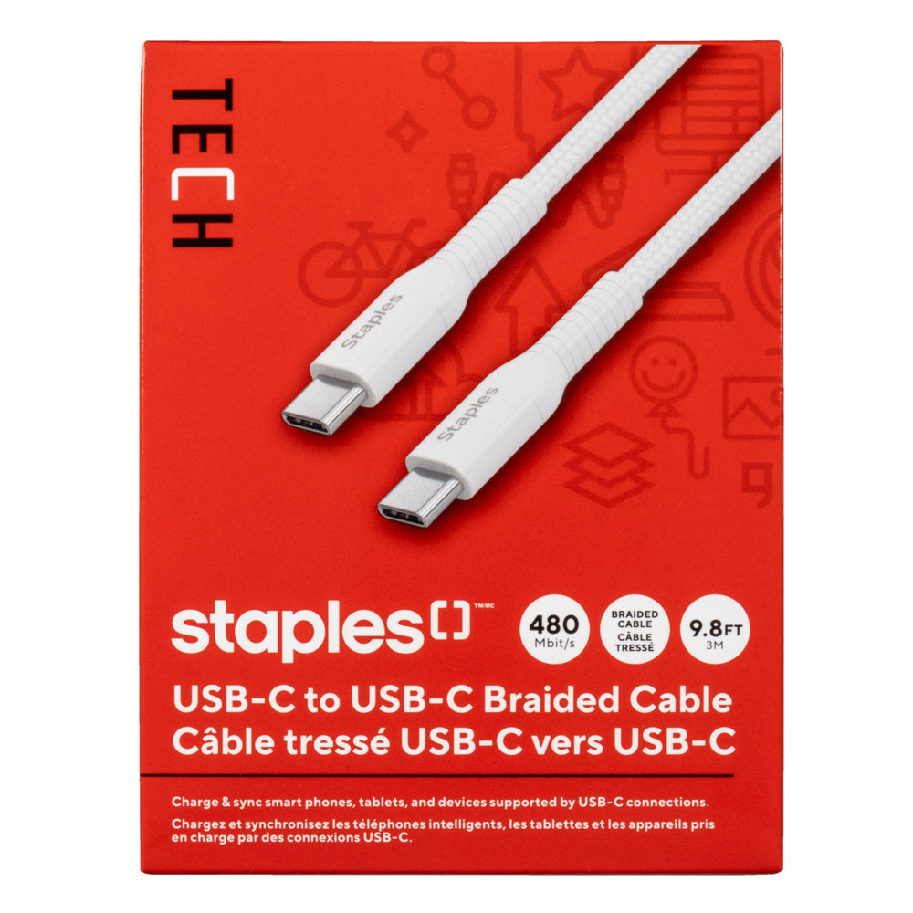 Staples TECH USB-C to USB-C Charging Cable - 9.8 ft. - White