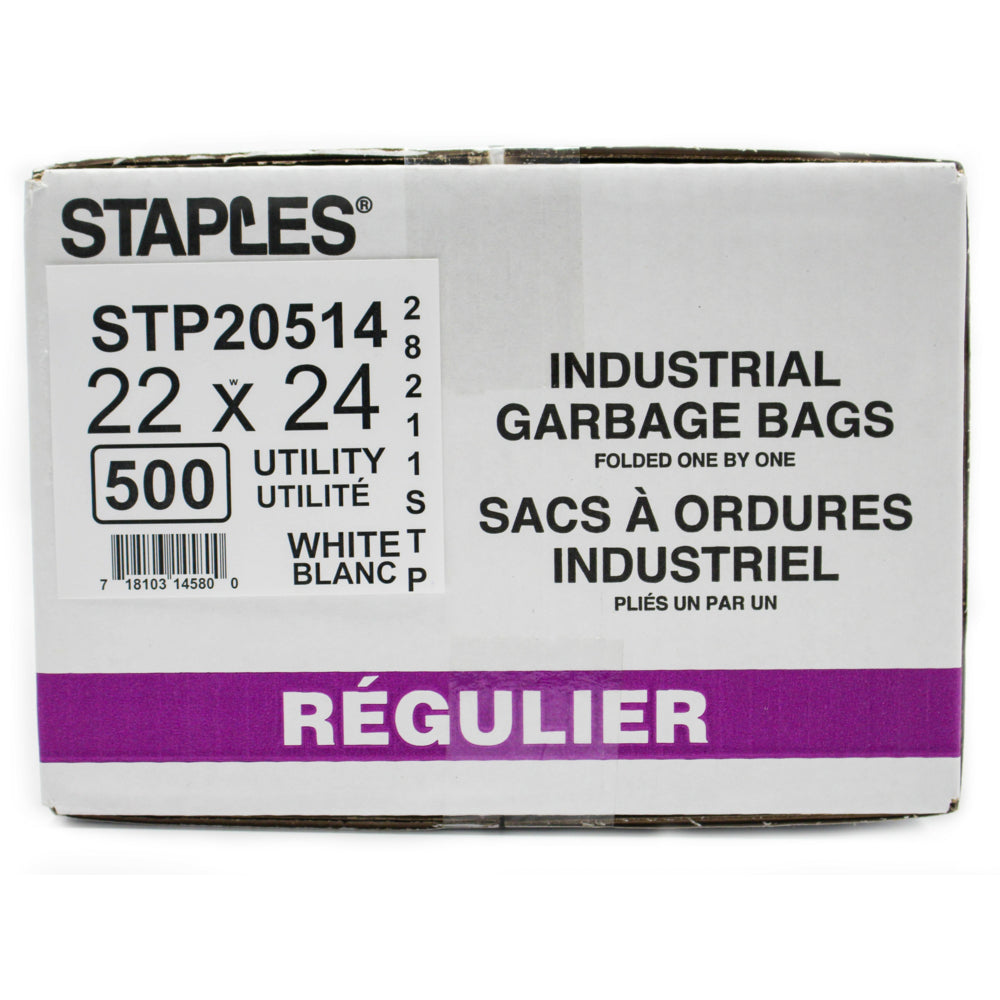 Sacs à ordures Staples, utilitaires, blancs, 22" la x 24" lo, paquet de 500