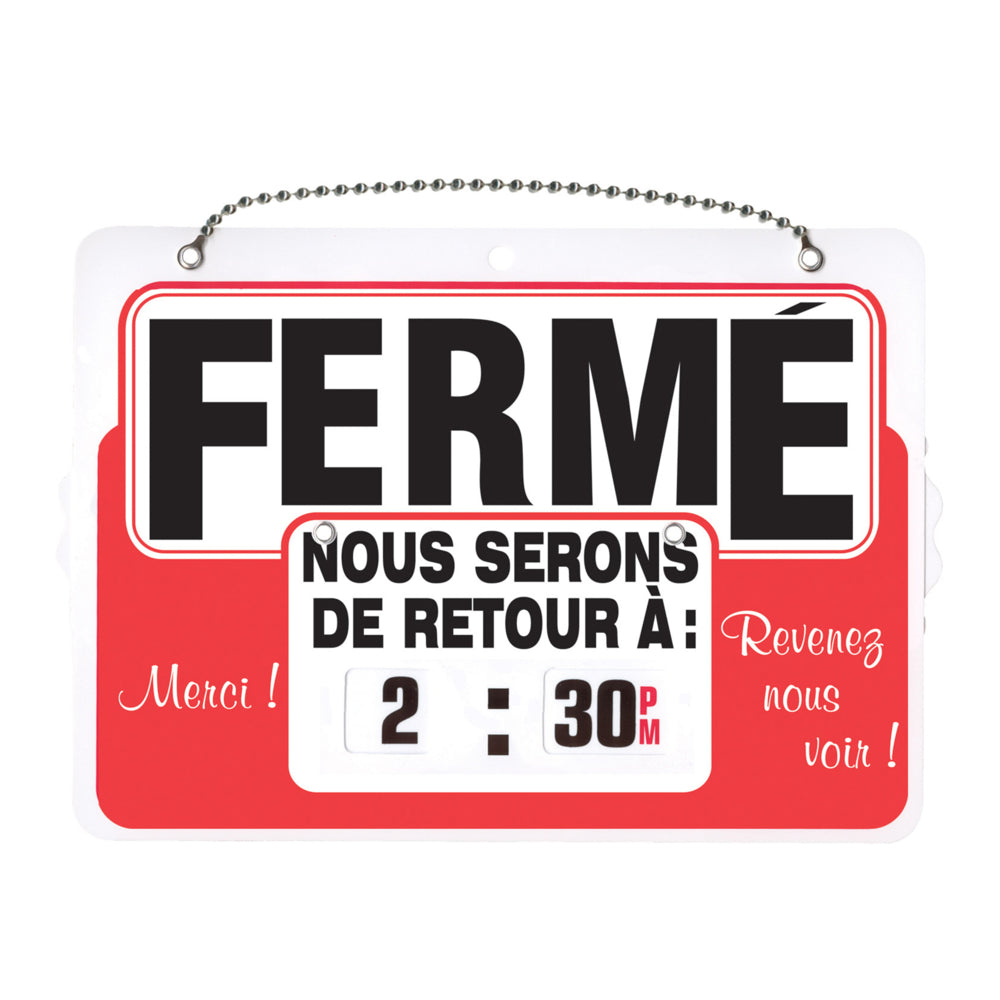 Headline Sign Open/Closed Will Return Dial-A-Time Sign with Chain - French