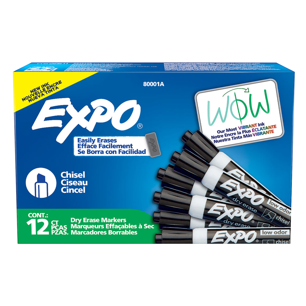 Expo Low Odour Dry Erase Markers - Chisel Tip - Black - 12 Pack