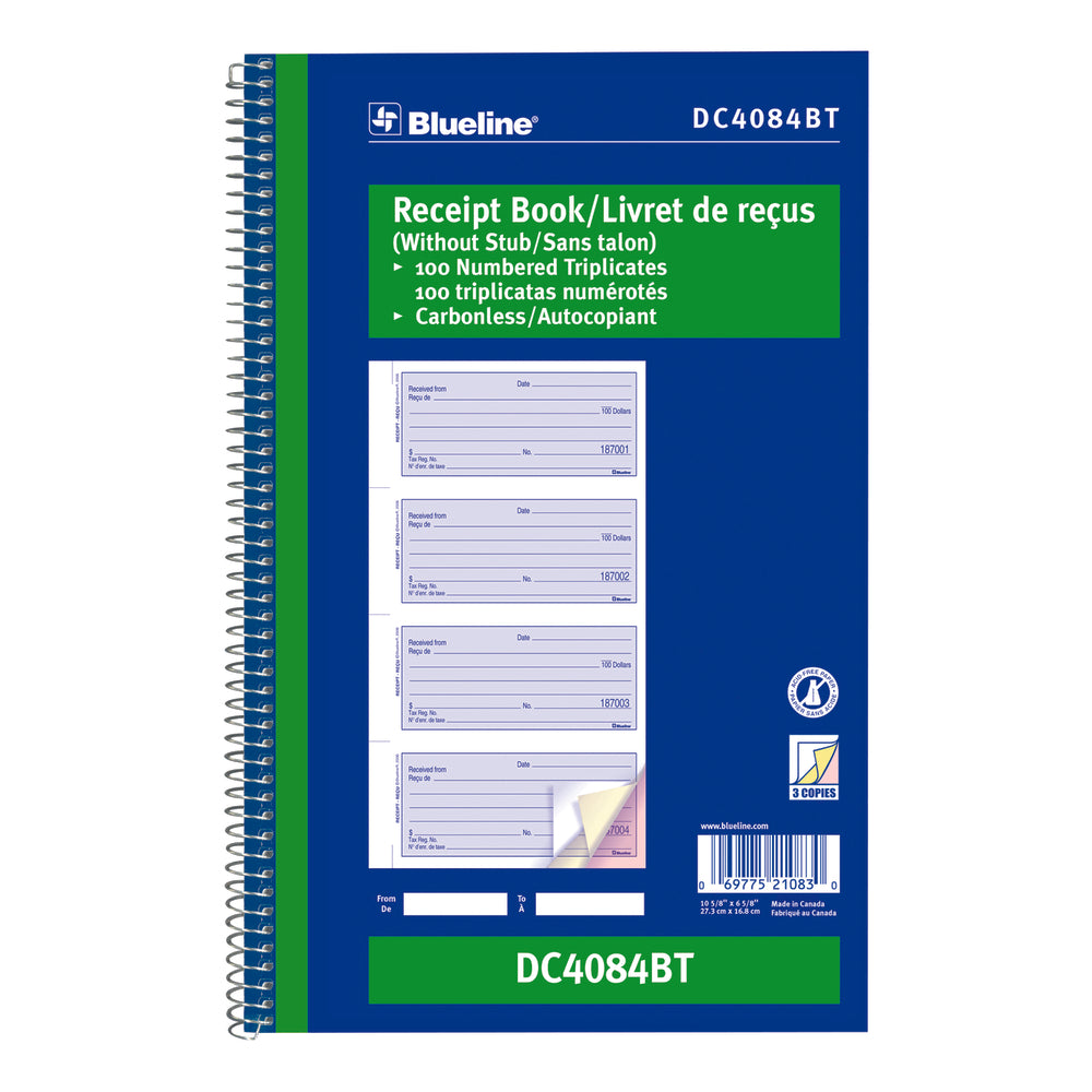 Carnet de reçus Blueline - 10 5/8" x 6 5/8" - Bilingue