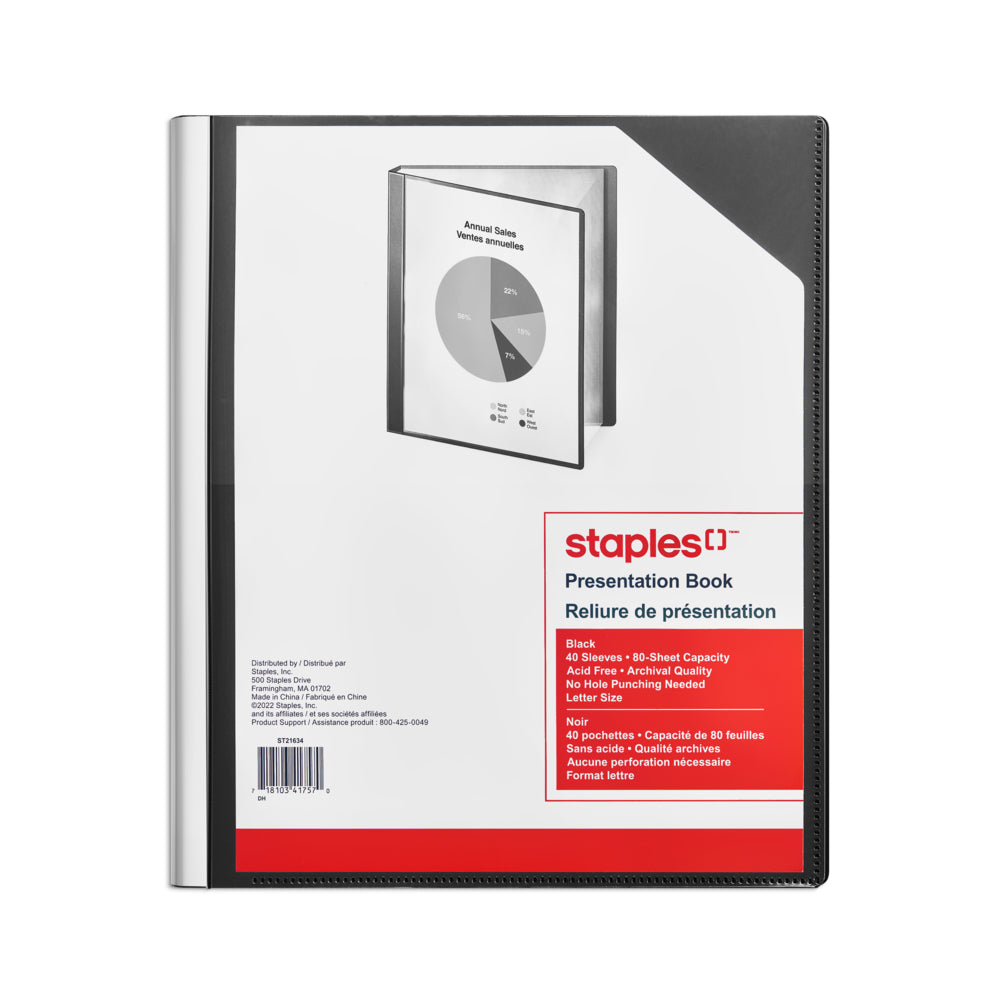 Chemises de présentation Staples Multipocket Poly - 40 pochettes - Noir