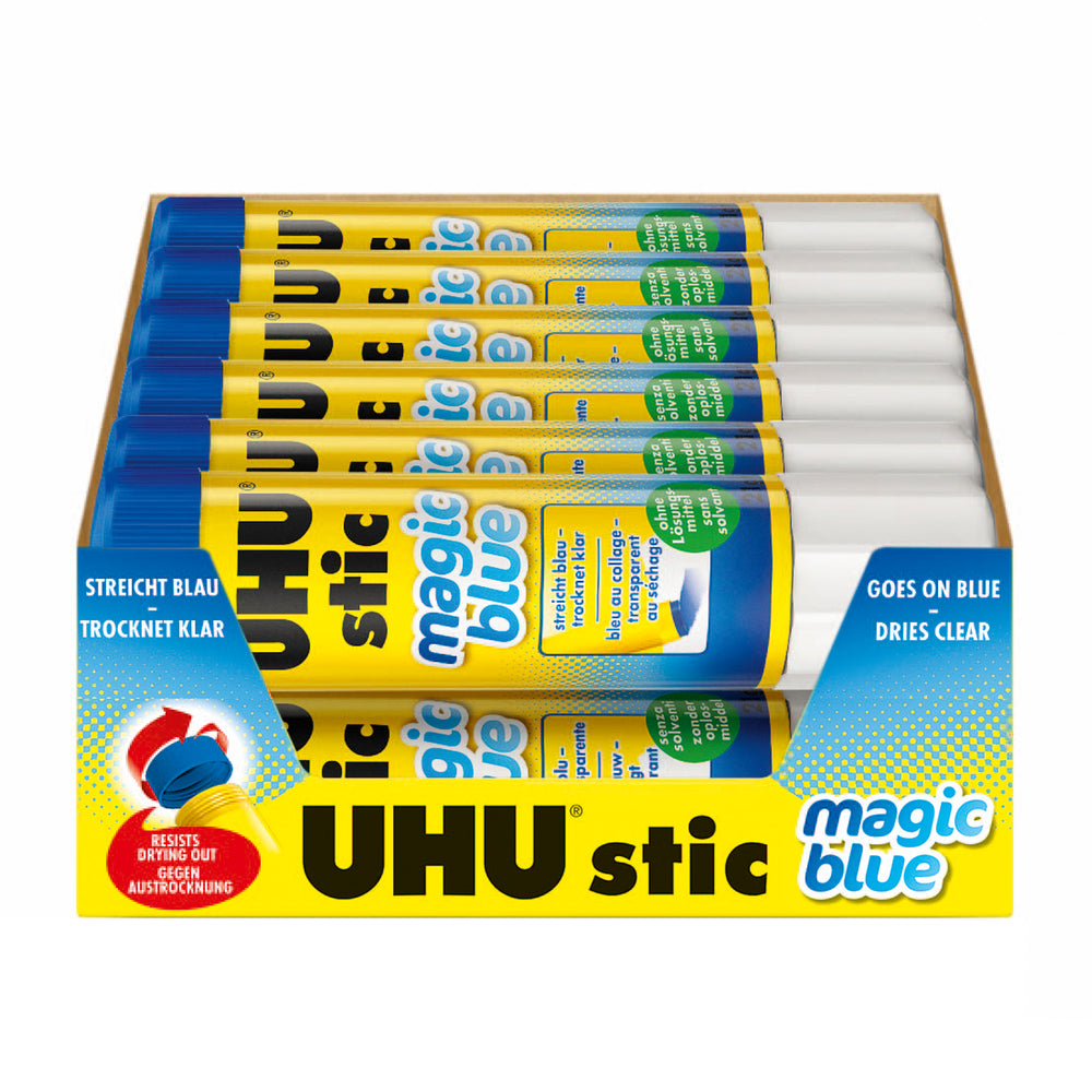 Bâtons de colle UHU - Bleu à l'application - Transparents au séchage - 40 g - Paquet de 12