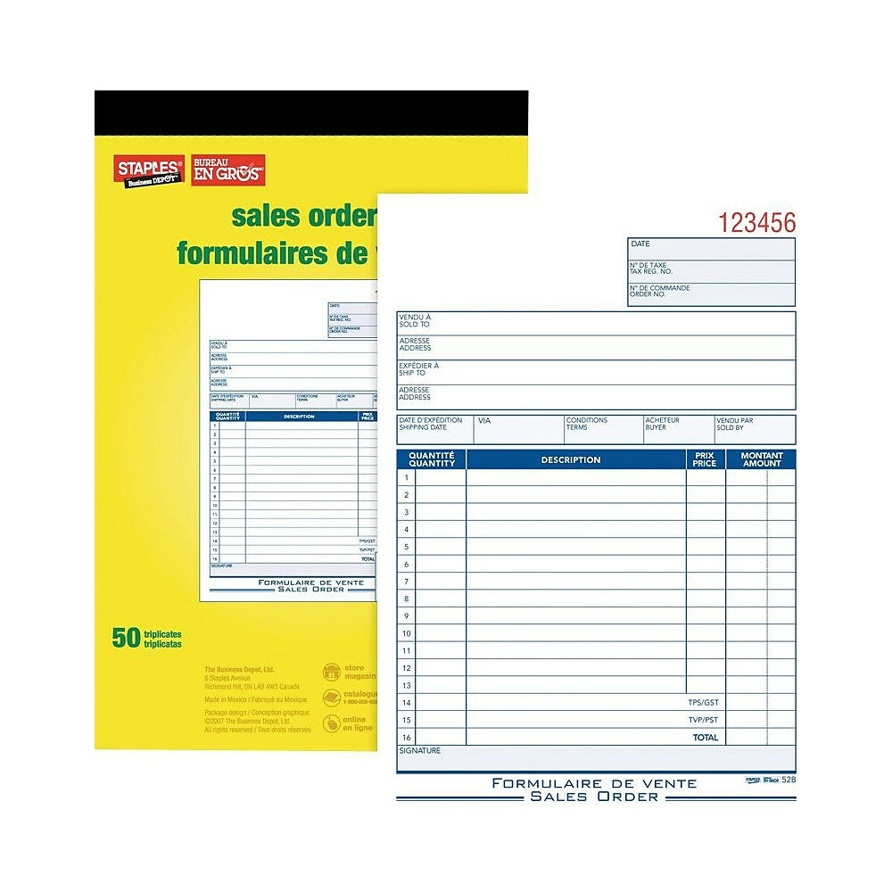 Bon de commande bilingue Staples - Triples - Autocopiant - Reliure à agrafes - 5-9/16" x 8-7/16" - 50 formulaires