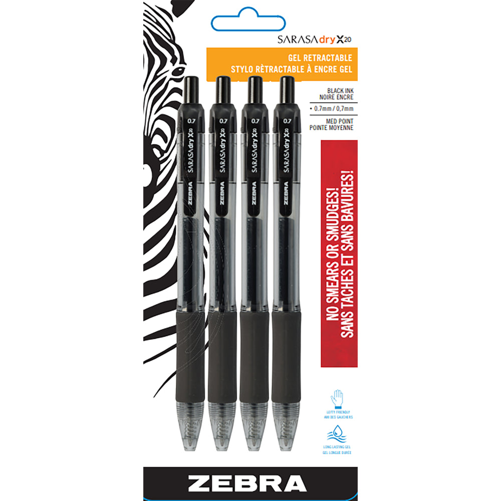 Zebra Sarasa Rapid Dry Gel Pens, Retractable, 0.7mm, Black, 4 Pack