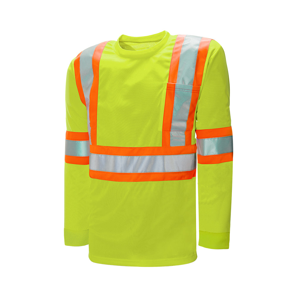 T-shirt Wasip à manches longues en coton avec marquage de circulation - Ruban de couleur contrastée de 10 cm avec ruban réfléchissant argenté de 5 cm - Taille S - Vert citron