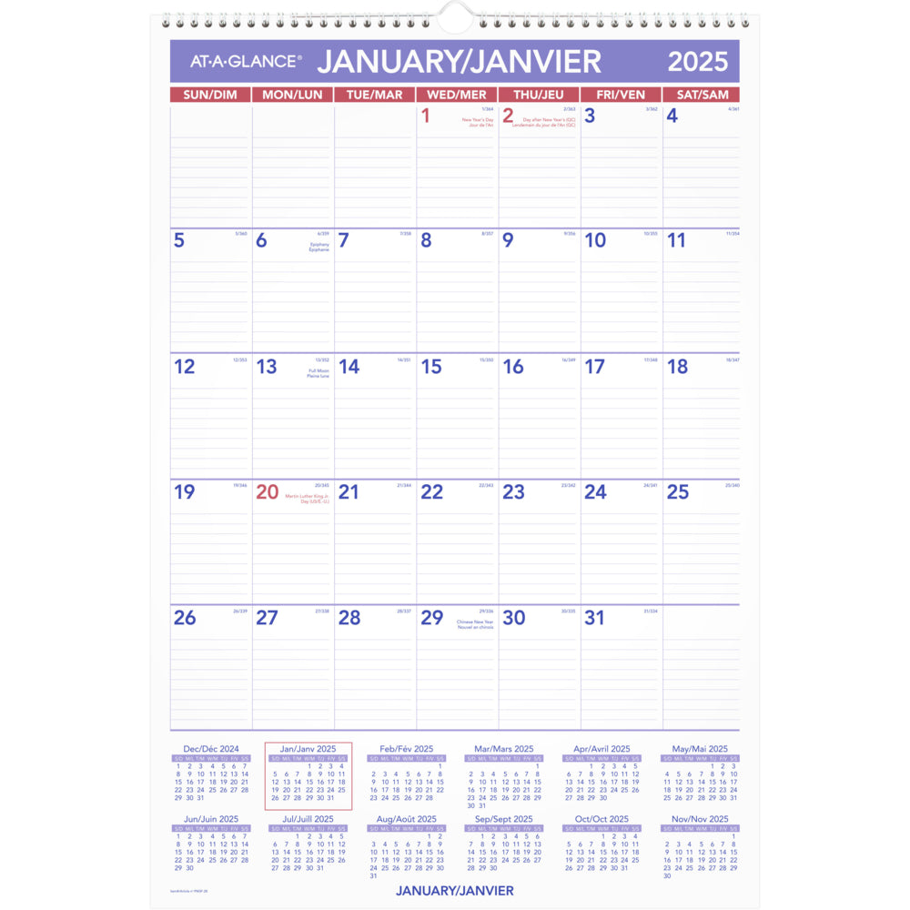 AT-A-GLANCE 2025 Monthly Wall Calendar - 22-3/4" H x 15-1/2" W - Bilingual