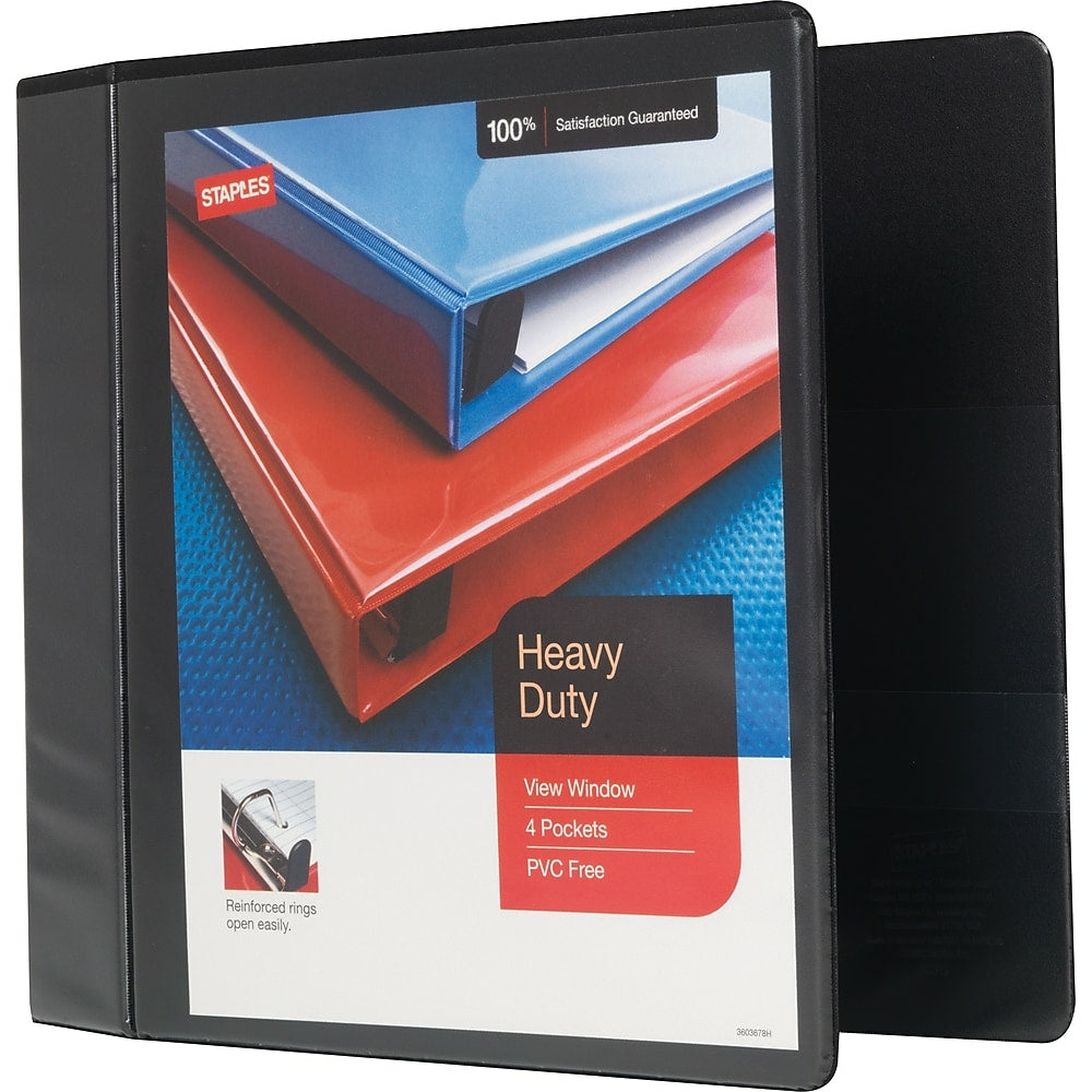 Staples Heavy-Duty View Binder with D-Rings - 4" - Black