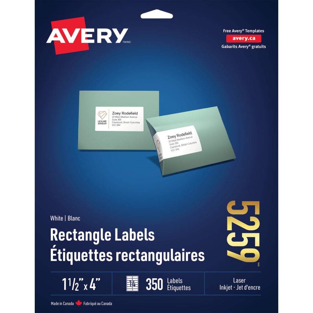 Étiquettes d'adresse laser blanches Avery, 3,8 cm x 10 cm, paquet de 350 (5259)