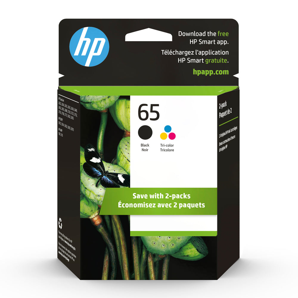 HP 65 Black & Tri-Colour Original Ink Cartridges, 2 Pack (T0A36AN)